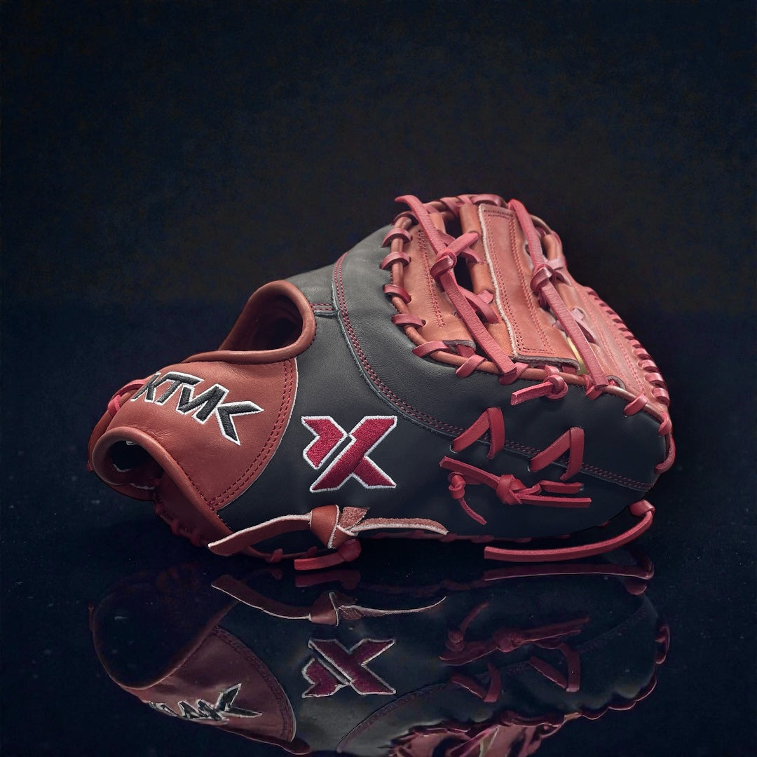 KTMK Gloves 12.75-inch first base mitt in black and burgundy – front view