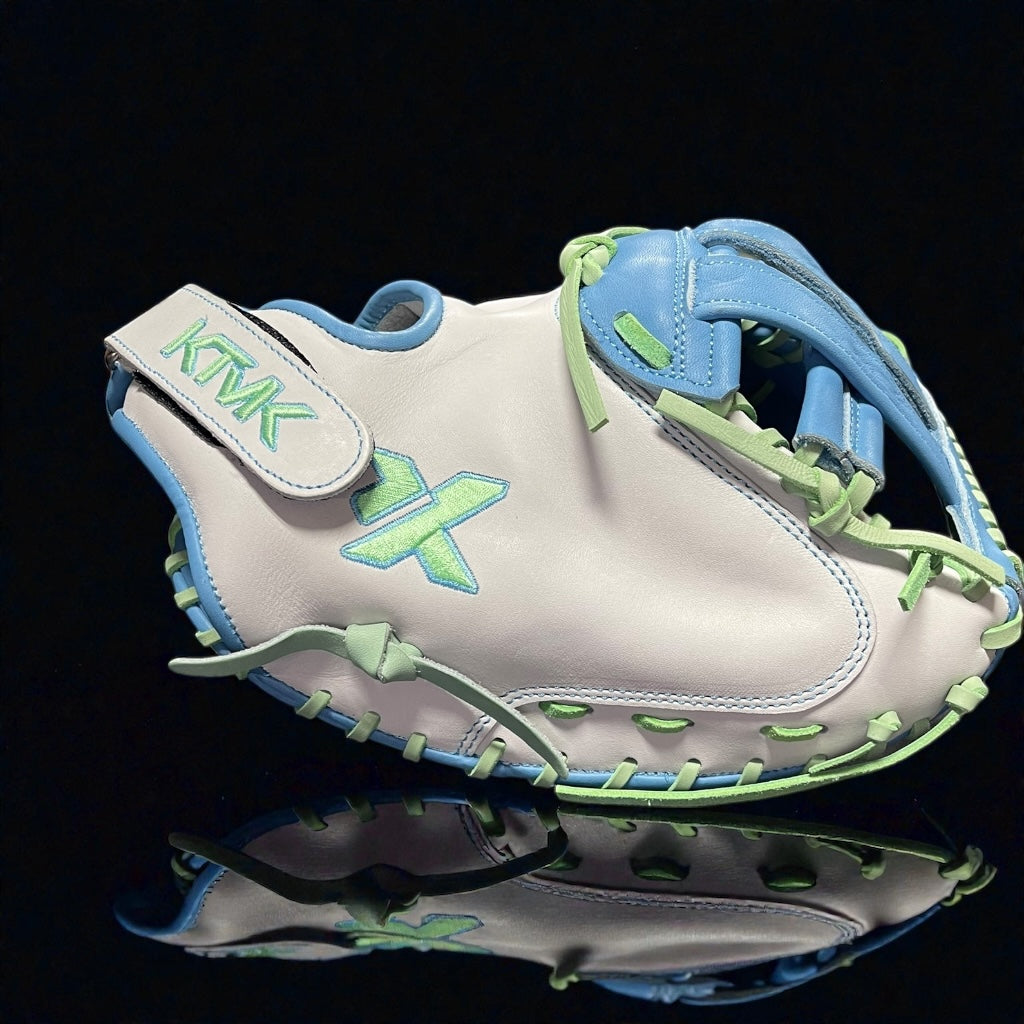 KTMK Gloves 33-inch fastpitch catcher’s mitt in baby blue white and ocean mint Pro Kip leather – H-Web
